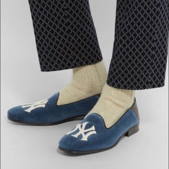 Gucci Blue Velvet New York Yankees Loafers Shoes - Picture 7 of 15
